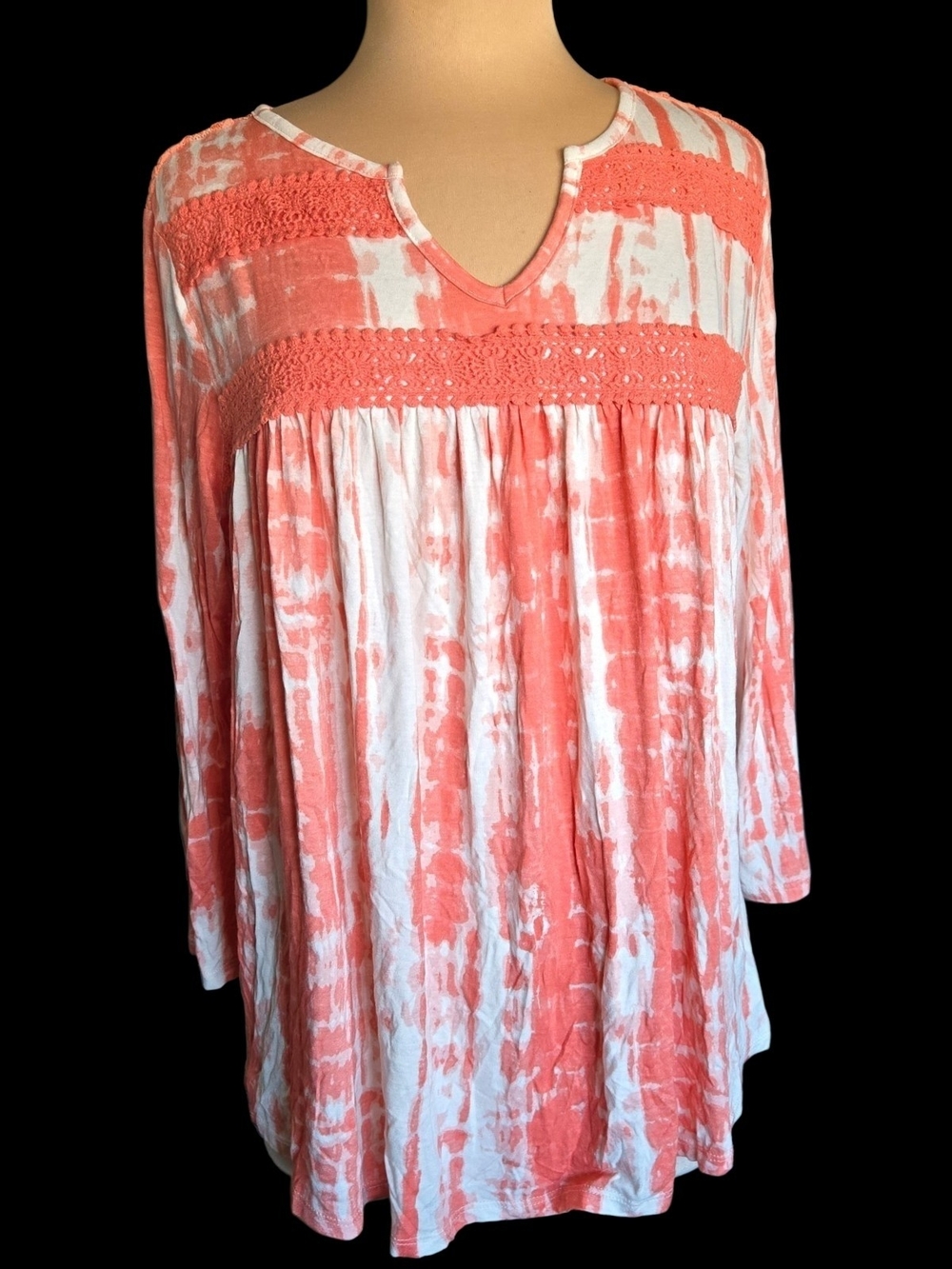 French Laundry Coral and White Tie-Dye Crochet Yoke Tunic Top Sz L